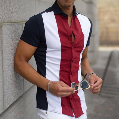 Men's Luxury Shirt Short Slim Top Lapel Button T-shirt