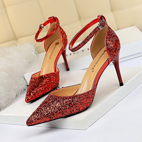 European and American style stiletto high-heeled shallow mouth pointed toe hollow sequin sexy nightclub slimming word with female sandals