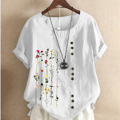 Retro Cotton And Linen Printed Loose Short-sleeved Shirt For Women