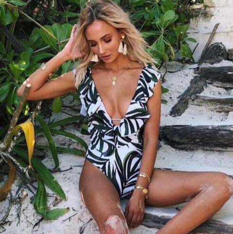 Sexy Ruffle One Piece Swimsuit Women Swimwear Push Up Monokini Bodysuit Print Swim Suit Backless Bathing Suit Beach Wear