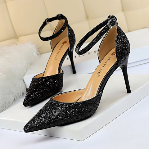 European and American style stiletto high-heeled shallow mouth pointed toe hollow sequin sexy nightclub slimming word with female sandals