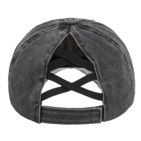 Washed Distressed Cross Elastic Band Ponytail Baseball Cap