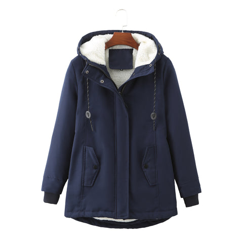 European Size Ladies Hooded Lambswool Parka Winter Warm Waist Women's Cotton-padded Coat