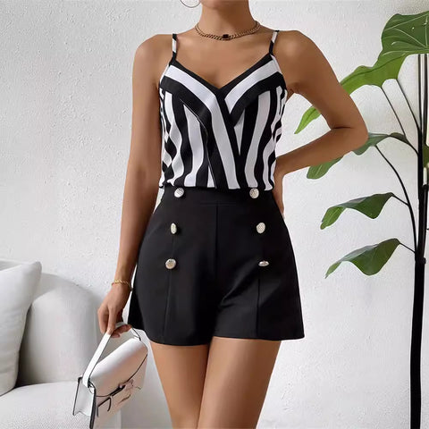 Striped Spaghetti Straps Lotus Leaf Top And Shorts Two-piece Set