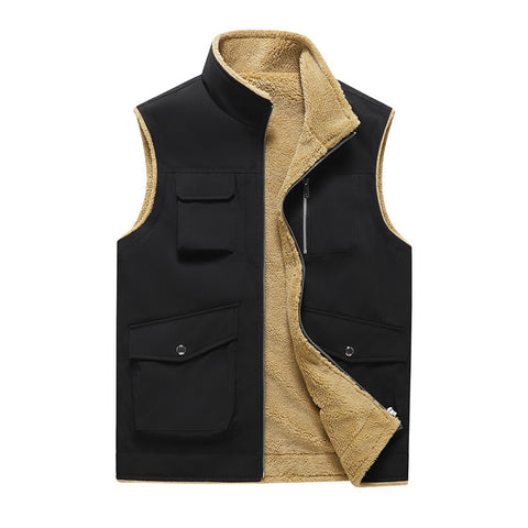 Multi-Pocket Workwear Vest Stand Collar Thin Velvet Vest