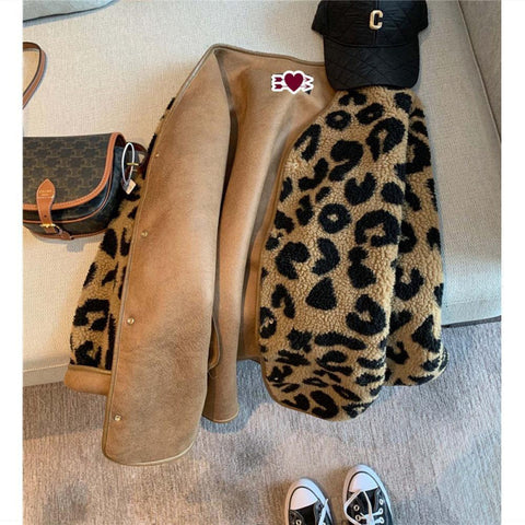 Casual Leather Leopard Print Coat Top