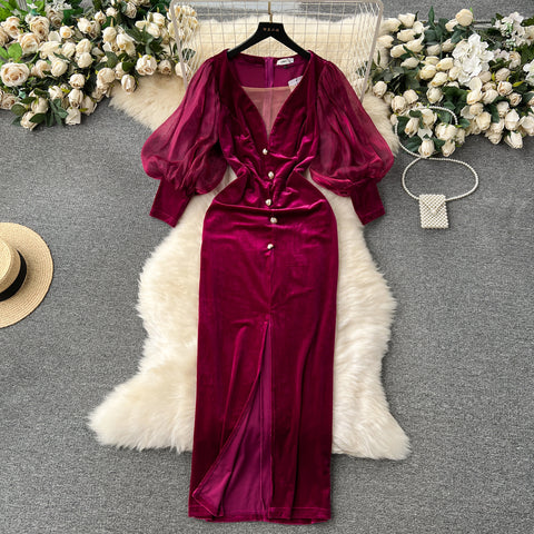 Vintage Velvet Dress High-end Affordable Luxury Niche Lantern Sleeve Slim Mid-length Split Knee-length Court Style Dress